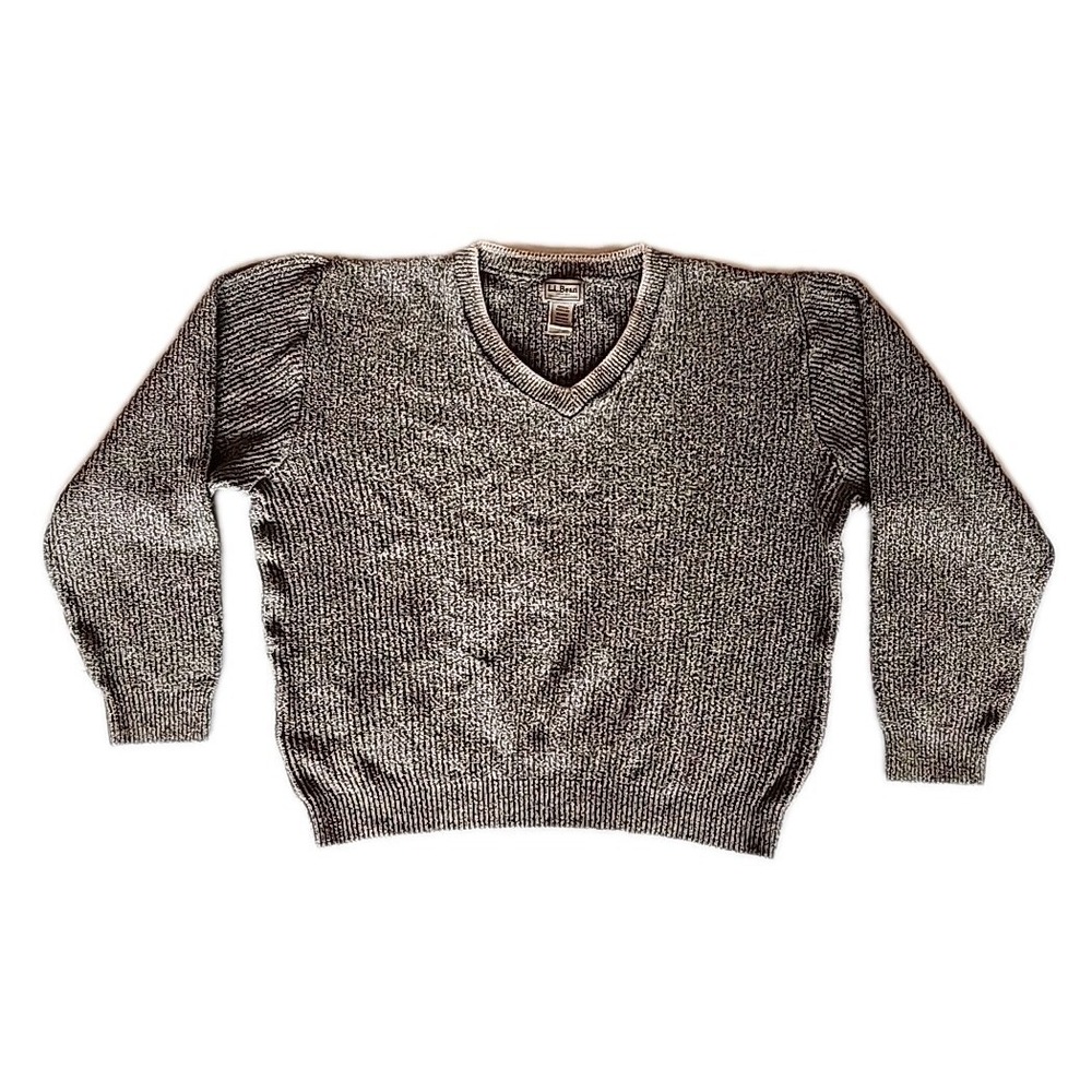 Vintage LL Bean Mens Sweater M Gray Tan Chunky Ribbed Knit Slouchy Indie Preppy
